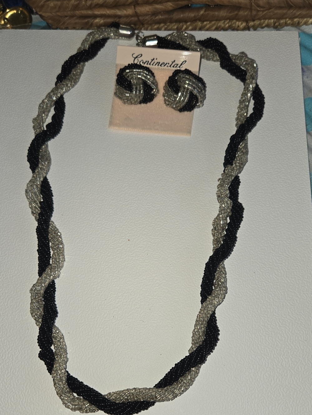 Continental Black & Silver Twisted Bead Necklace and Knot Earrings Set
